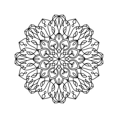 Oriental vektör çizimi, stres önleyici terapi, boyama sayfaları. Yetişkin boyama kitabı için mandala siluet baskısı. Yoga ve meditasyon için geometrik çiçek şekli. Süslü, yuvarlak çiçek süsü..