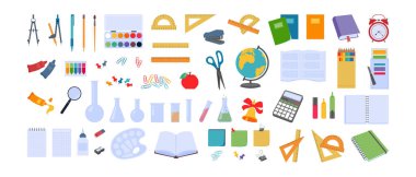 Kırtasiye malzemeleri ve okul malzemeleriyle büyük bir vektör kümesi. Ofis ve eğitim malzemeleri - kitap, defter, cetvel, mataralar, boyalar, kalemler ve benzerleri. Okula dönelim. Okul malzemeleri düz tasarım.