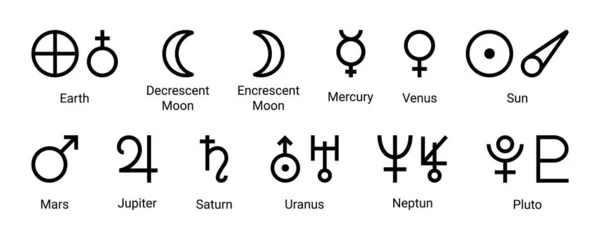 単純な錬金術のアイコン 惑星のグリフ 占星術や天文学の惑星のシンボルを設定します アウトラインアイコン 白の背景に隔離された 古代の占星術と天文学の神秘的な惑星の兆候とシンボル — ストックベクタ