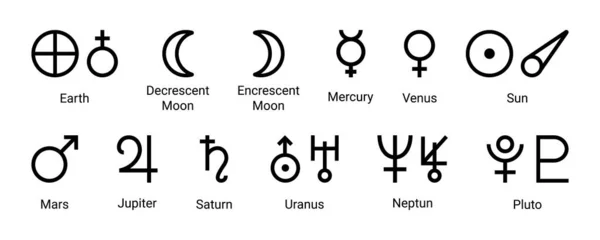 Basit simya simgeleri, gezegenlerin sembolleri. Astroloji ve astronomi gezegen sembolleri ayarlayın. Beyaz arkaplanda izole edilmiş taslak simgeler. Antik astroloji ve astronominin mistik gezegen işaretleri ve sembolleri.