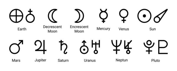 Simple alchemy icons, glyphs of planets. Set astrology and astronomy planet symbols. Outline icons, isolated on white background. Mystic planetary signs and symbols of ancient astrology and astronomy.