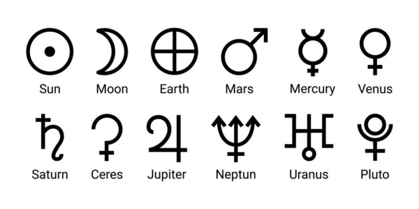 Astroloji ve astronomi gezegen sembolleri ayarlayın. Beyaz arkaplanda izole edilmiş taslak simgeler. Basit simya simgeleri, gezegenlerin sembolleri. Antik astroloji ve astronominin mistik gezegen işaretleri ve sembolleri.