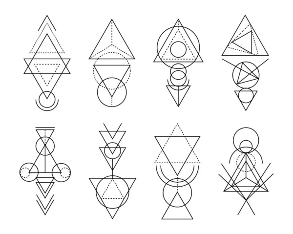 Kutsal geometri doğrusal şekilleri kümesi. Sihirli ve mistik süsler, dekoratif öğeler, dövme, Mehendi ve baskı için özgün işaretler çizmek. Soyut gizemli şekiller koleksiyonu