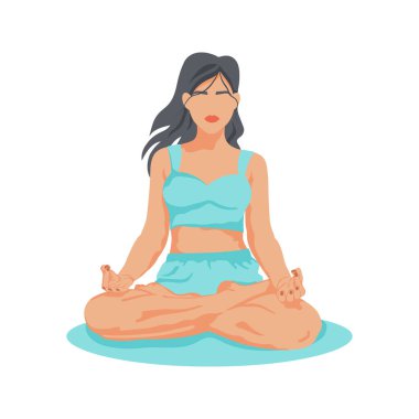 Lotus pozisyonunda oturmuş meditasyon yapan bir kadın. Yoga, meditasyon ve sağIıklı yaşam tarzı için mavi renkli vektör çizimi. Padmasana yoga pozu, yüzü olmayan bir kadın..