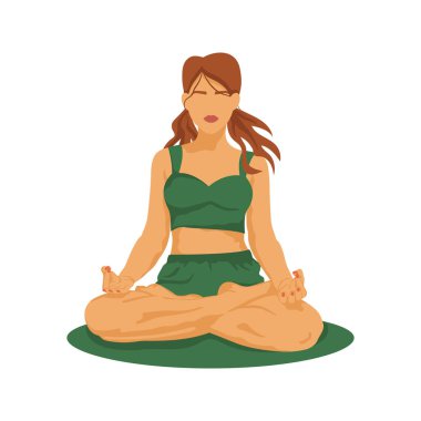 Lotus pozisyonunda oturmuş meditasyon yapan bir kadın. Yoga, meditasyon ve sağIıklı yaşam tarzı için yeşil renkli vektör illüstrasyonu. Padmasana yoga pozu, yüzü olmayan bir kadın..