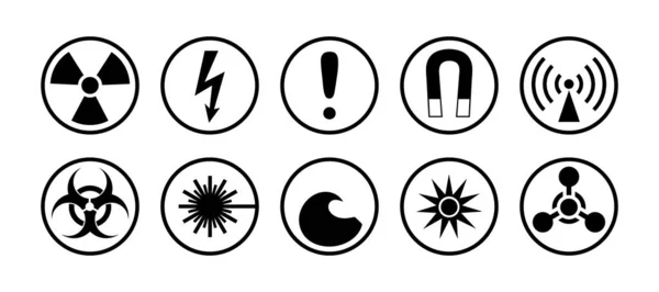 Znaki Symbole Niebezpieczeństwa Ustawione Okrągły Piktogram Ikony Promieniowania Zagrożenia Biologiczne — Wektor stockowy
