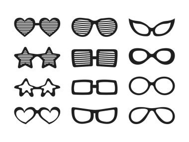 Siyah gözlük çizimi. Fotoğraf malzemeleri, maskeli balo, karnaval ya da parti için farklı moda gözlükleri. Parti güneş gözlüğü koleksiyonu, kalp yıldızı şeklinde komik..