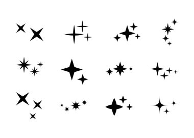 Dekoratif parlak elementler seti. Beyaz arka planda izole edilmiş siyah küçük yıldızlar. Dekorasyon davetiyeleri ve kartlar, tatil dekorasyonu ve tasarımı için sevimli yıldız siluetleri.