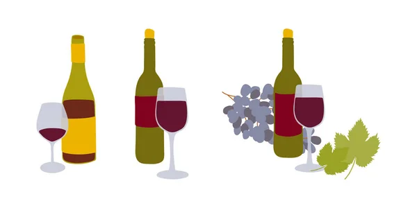 Thanksgiving illustration set of wine bottle glass, grape with leaves. Flat vector icons decorative elements Happy Thanks giving day set illustrations isolated on white background.