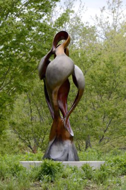 Kuğu Lego heykeli, Burlingtonin Kraliyet Botanik Bahçesi 'nin çimlerine uyumlu bir şekilde bakıyor.