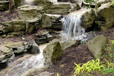 Tropikal bitkiler ve yürüyüş yolları arasında, Burlington, Ontario, Kanada Kraliyet Botanik Bahçesi 'nin Rock Garden' ında aniden berrak suyla birlikte bir şelale belirir.
