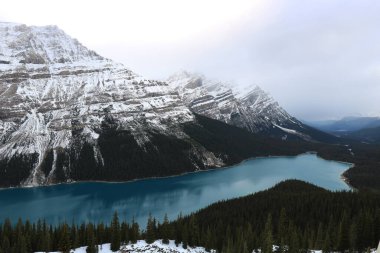 Alberto mavi gölü ve kozalaklı ormanın karla kaplı dağlarının görkemli panoramik manzarası