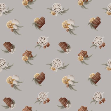 Bir fincan kakao portakallı, çikolatalı ve şekerli arka plan.