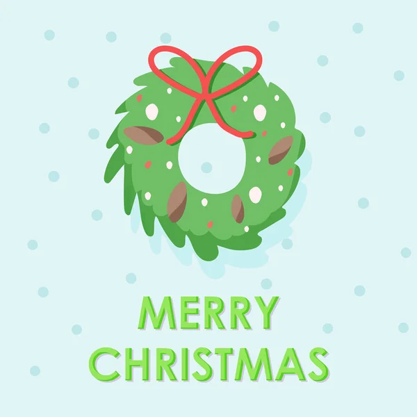 Üzerinde çelenk ve yazı olan bir Noel kartı. Mutlu Noeller.