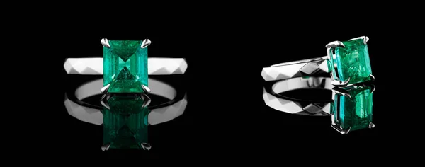 Vacker Ring Guld Med Ädelstenar Smaragd Och Diamanter Svart Bakgrund — Stockfoto