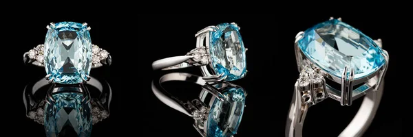 Gyönyörű Arany Gyűrű Akvamarin Gyémánt Egy Fekete Háttér — Stock Fotó