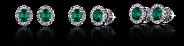 Belos Brincos Ouro Com Pedras Preciosas Diamantes Esmeraldas Fundo Preto — Fotografia de Stock