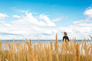 Deniz kıyısındaki bir tarlada güzel bir kız ve bulutlarla çevrili mavi gökyüzü.