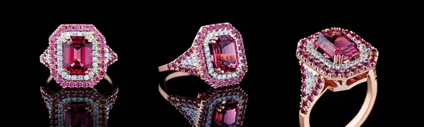 Belle Bague Avec Tourmaline Diamants Sur Fond Noir — Photo