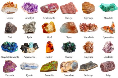 Beyaz arka planda güzel bir jeolojik mineral koleksiyonu.