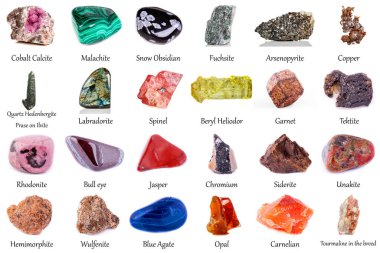 Beyaz arka planda güzel bir jeolojik mineral koleksiyonu.