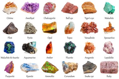 beautiful collection of geological minerals on a white background close-up clipart