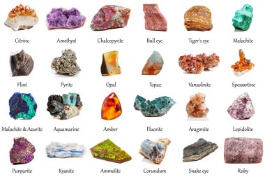 Beyaz arka planda güzel bir jeolojik mineral koleksiyonu.