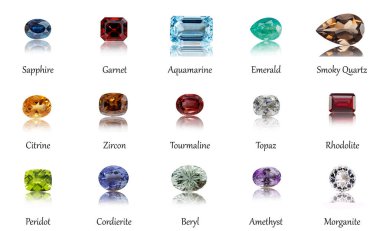 Makro mineral taşı koleksiyonu, beyaz arka planda bir dizi değerli mineral.