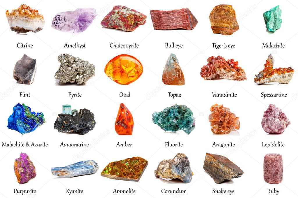 beautiful collection of geological minerals on a white background close-up