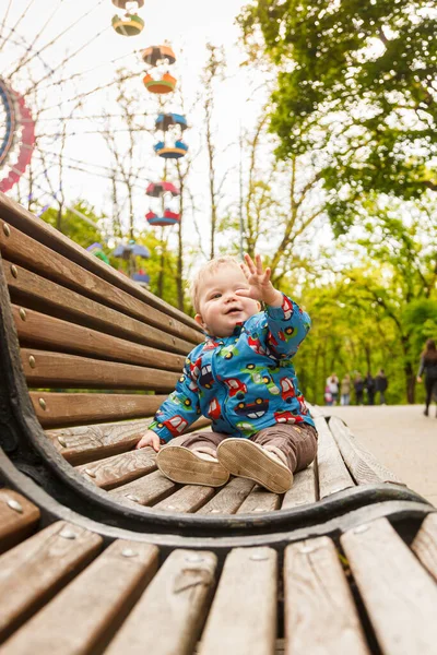 Portrait Little Boy Park Bench Catching Soap Bubbles Close — Stock Photo, Image