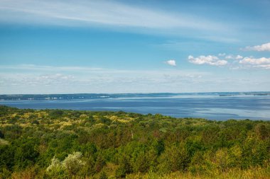 Tepelerde güzel bir çayır çimen ve çiçeklerle denizin arka planına ve gökyüzüne yakın.