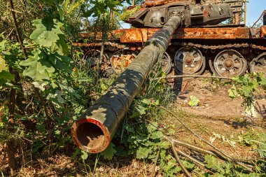 MAKARIV, UKRAINE - 11 Haziran 2022: Kyiv bölgesinde yıkık askeri teçhizat, araçlar, yanmış Rus istilacı tankları