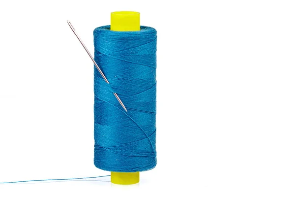 Macro Skein Blue Thread Needle White Background Close — Stock Photo, Image