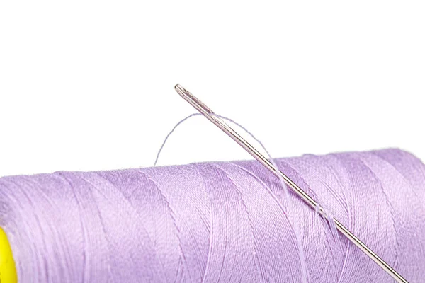 Macro Skein Thread Purple Colors Needle White Background Close — Stock Photo, Image