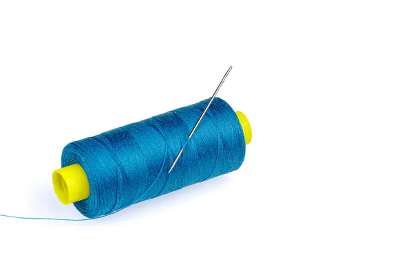 Macro Skein Blue Thread Needle White Background Close — Stock Photo, Image