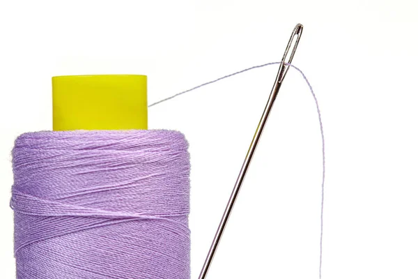 Macro Skein Thread Purple Colors Needle White Background Close — Stock Photo, Image