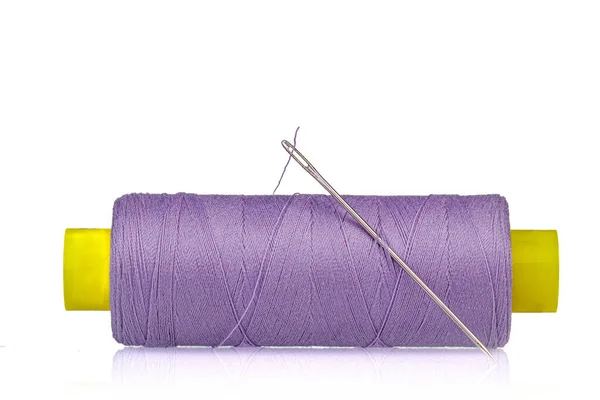 Macro Skein Thread Purple Colors Needle White Background Close — Stock Photo, Image