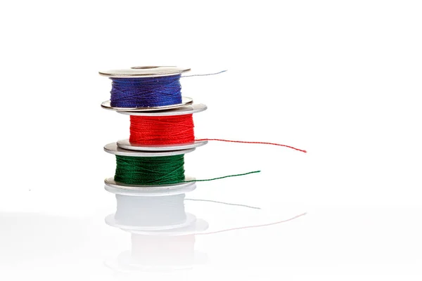 Spools Thread Blue Red Green Colors White Background Close — Stock Photo, Image
