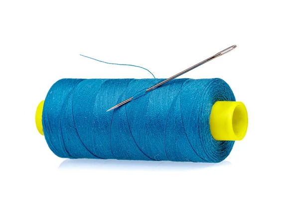 Macro Skein Blue Thread Needle White Background Close — Stock Photo, Image
