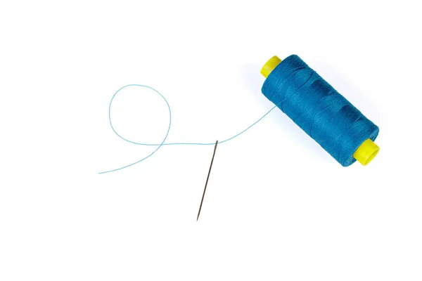 Macro Skein Blue Thread Needle White Background Close — Stock Photo, Image