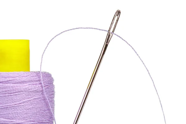 Macro Skein Thread Purple Colors Needle White Background Close — Stock Photo, Image