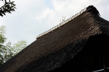 Kırsal, eski moda sazdan çatı sahnesi.