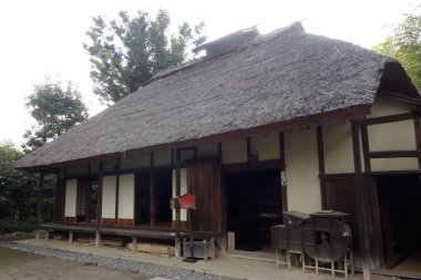 Kırsal, eski moda sazdan çatı sahnesi.