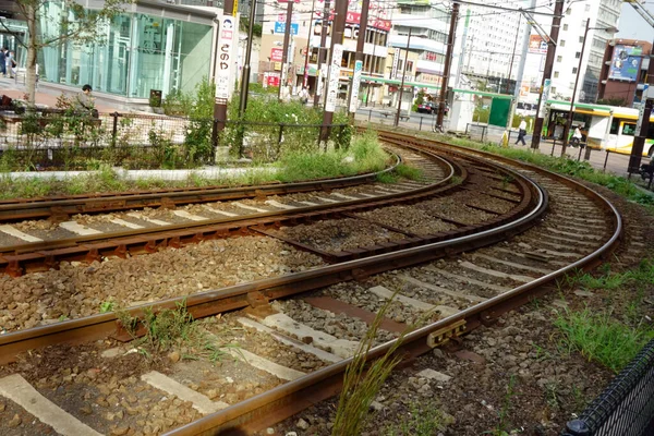 城际列车在轨道和铁路轨道上运行的铁路模式 — 图库照片