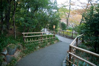 Geniş bir alanda bahçe desenleri, ağaçlar ve göletler olan güzel bir sonbahar manzarası.