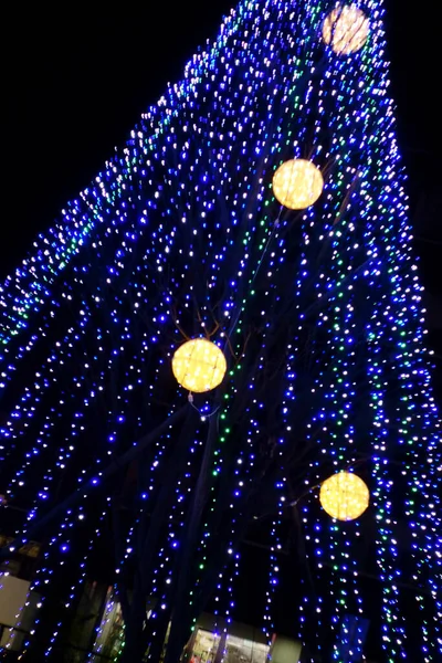Stylish Lights Christmas Tree Jet Black Background Night Sky — ストック写真
