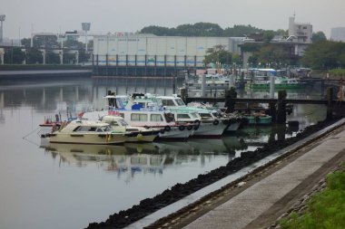Tokyo şehir merkezindeki sahil kıyılarındaki körfezde demirlemiş çeşitli teknelerin görüntüsü.