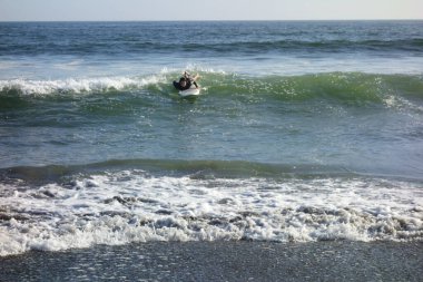   Sahilde sörf yapan genç bir kadının yaşam tarzı. Gizlice sörf tahtası.                             