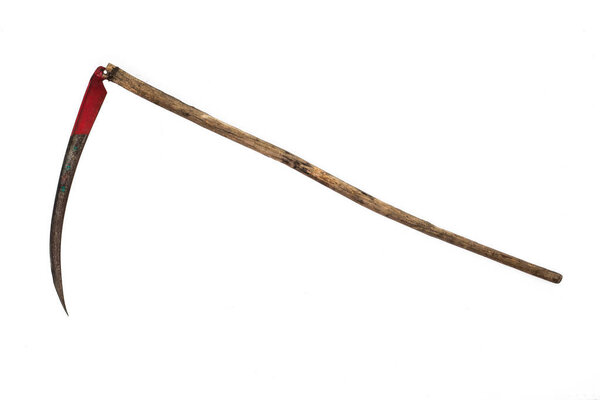 old rusty scythe on a white background