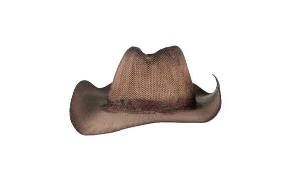 Velho Chapéu Cowboy Palha Marrom Isolado Fundo Branco — Fotografia de Stock